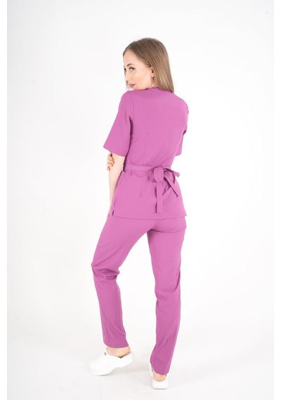 Açık Mor Elegant Model Cerrahi Üniforma Belden Bağlamalı Scrubs Takım Mor