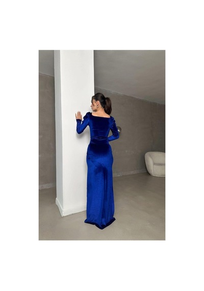 Lior Design Kadın Trend Tasarım Kare Yaka Taş Detaylı Uzun Kollu Abiye Elbise Saks