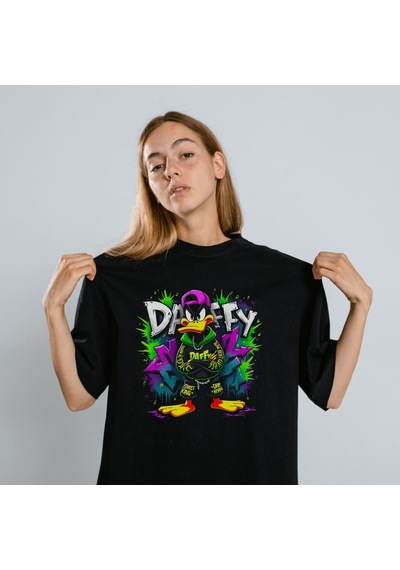 Vinevesta Daffy Duck Graffiti Baskılı Unisex Siyah Tişört - 24/1 Penye Pamuklu Çok Renkli