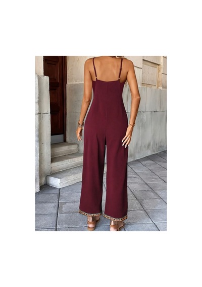 Butik İstanbul Kadın Ip Askılı V Yakalı Etnik Serit Desenli Cep Detaylı Janjan Krep Tulum Bordo