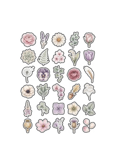 30 Adet Pastel Botanik Çiçek Sticker Seti - Ajanda Defter Laptop Telefon Çok Renkli