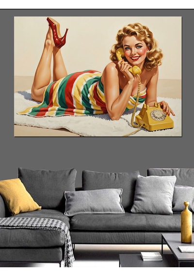 Retro Pin-up Çizgili Elbiseli Kadın Telefonla Konuşuyor Dekoratif Kanvas - Mdf Ahşap Tablo
