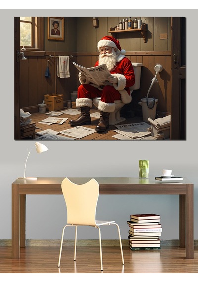 Tuvalette Oturan Noel Baba Dekoratif Kanvas - Mdf Ahşap Tablo
