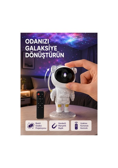 Astronot Şekilli Galaxy Projeksiyon Lambası Nebula Efektli Dekoratif Lamba Çok Rnekli