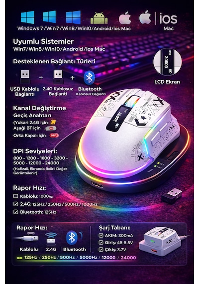 24000 Dpı Rgb Gaming Mouse Kablosuz + Bluetooth + Kablolu Lcd Ekranlı Şarj Standlı Profesyonel Oyuncu Mouse X-ks2n