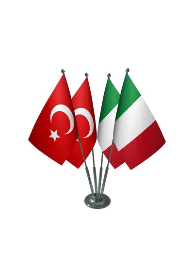 Masa Üstü İtalya Bayrağı Türk Bayrağı Dörtlü Krom Direk Masa Bayr