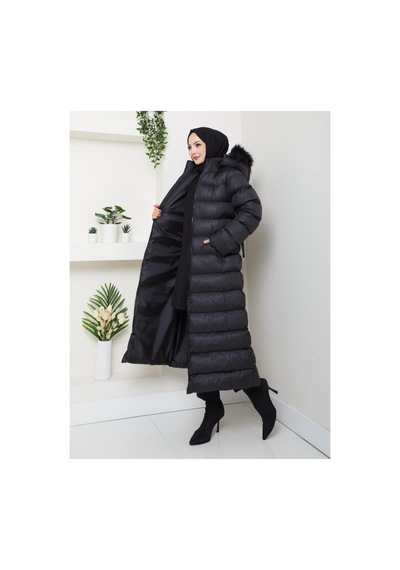 Hb Harma Time Butik Kadın Bel Kemerli Kapüşonlu Uzun Şişme Siyah Mont Siyah Siyah