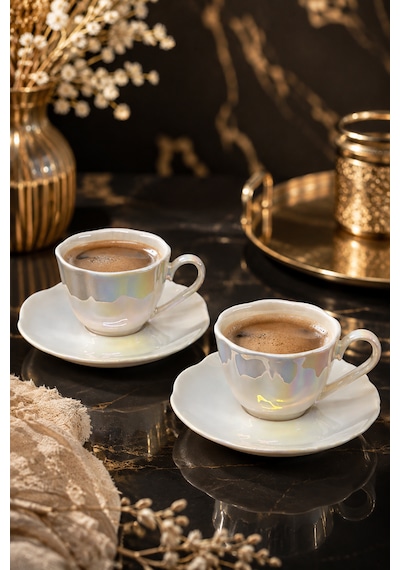 2 Kişilik Porselen Lüsterli Modern Kahve Fincanı Takımı Seti Lüster Sedefli 90ml Beyaz
