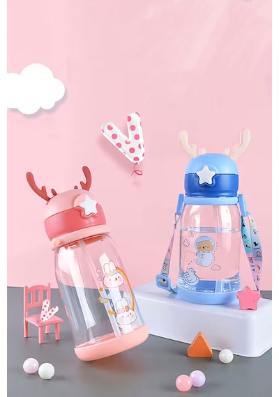 Geyik Figürlü Pipetli Taşıma Askılı Çocuk Matarası 500 Ml Sevimli Karışık