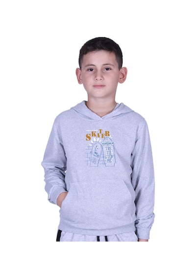 Fyk Kids Kapüşonlu Kanguru Cepli Skater Baskılı Erkek Çocuk Sweatshirt Gri