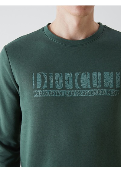 Lcwaıkıkı Classic Yeşil Bisiklet Yaka Baskılı Erkek Kalın Sweatshirt