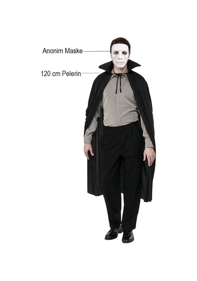 Siyah Renk Yakalı 120 Cm Pelerin Ve Beyaz Anonim Maske