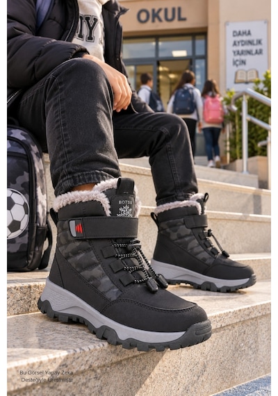 Muggo Peak İçi Kürklü Cırtlı Ve Bağcıklı Unisex Çocuk Kar Botu Siyah