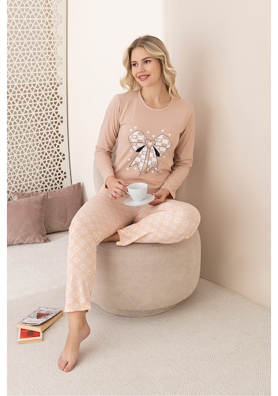 Rindahomewear Kadın Fiyonk Baskılı Süprem Uzun Kol Pijama Takımı Bej