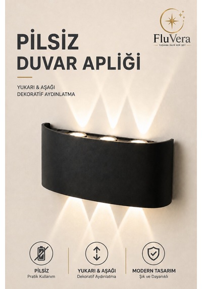 Çift Yönlü Pilsiz Gün Işığı Duvar Lambası İç Dış Mekan Duvar Aydınlatma Dekoratif Led Aplik Siyah