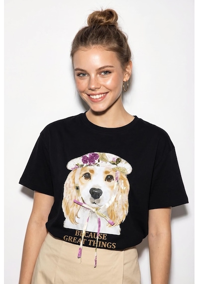 Shade Kadın Baskı Ve Payet Detaylı Fiyonklu Basic T-shirt 7643 60286115 - Siyah