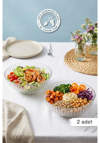 Glamis Selen Concept Çuha Model El Yapımı Cam Salata Ve Sunum Kasesi 2'li Set Şeffaf