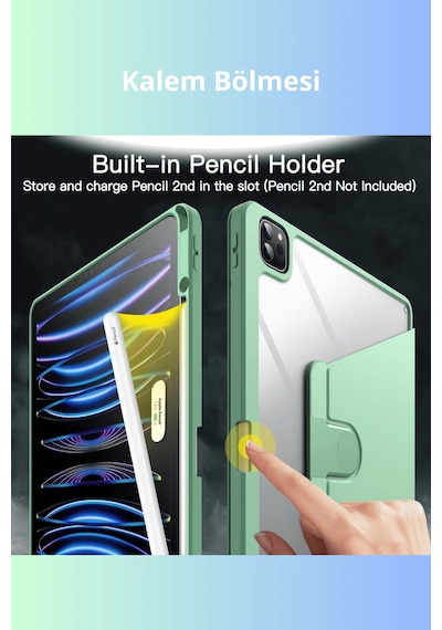 Apple Uyumlu iPad Pro 11 İnç 2025 M5 Çipli 360 Derece Dönebilen Standlı Pino Tablet Kılıfı Kapaklı Kılıf