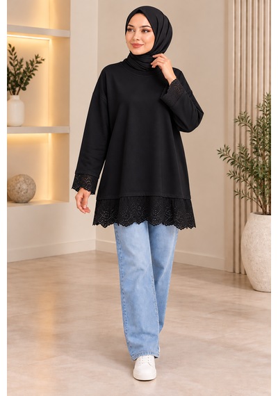 Aymiraa Kadın Dantel Detaylı Uzun Tunik Tesettür Sweatshirt Bisiklet Yaka Rahat Kesim SiYAH