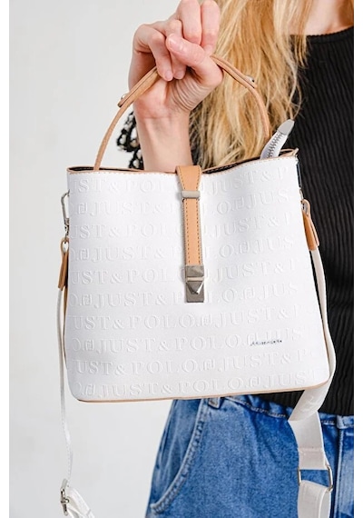 Just Polo Kadın Orta Boy Ayarlanabilir Askılı Şık El & Omuz Çantası Shoulder Bag Beyaz Taba