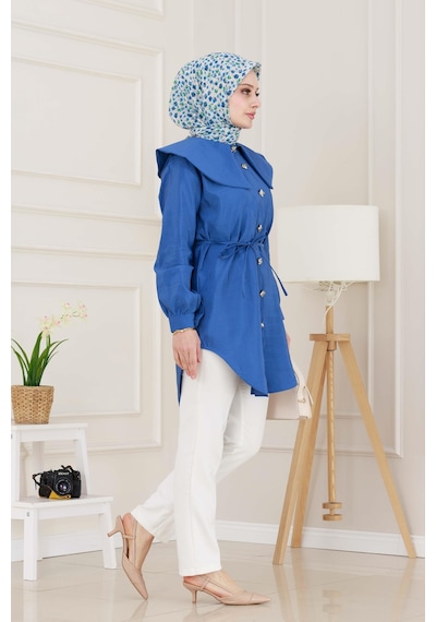 Sevitli Beli Bağcık Detaylı Geniş Yaka Tunik-indigo-4994 Indigo