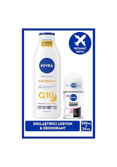 Nıvea Q10 Sıkılaştırıcı Vücut Losyonu 250ml Ve Kadın Roll-on Deodorant Black&white Invisible Clear 25ml, 72 Saat perspirant Ter Koruması, C Vitamini