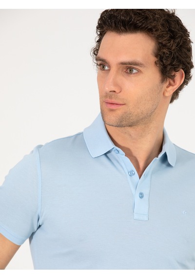 Buz Mavisi Polo Yaka Slim Fit Basic Merserize T-shirt Acık Mavı