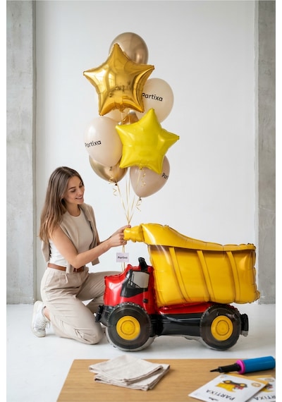 İnşaat Damperli Kamyon Folyo Balon 79x66 Cm İnşaat Temalı Çocuk Doğum Günü Parti Süsü Çok Renkli