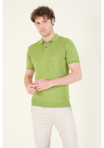 Giyim Dünyası Erkek Yanları Desenli Polo Yaka Merserize T-shirt Yeşil 001