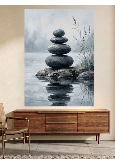 Suda Zen Denge Taşları Meditasyon Dekoratif Kanvas - Mdf Ahşap Tablo