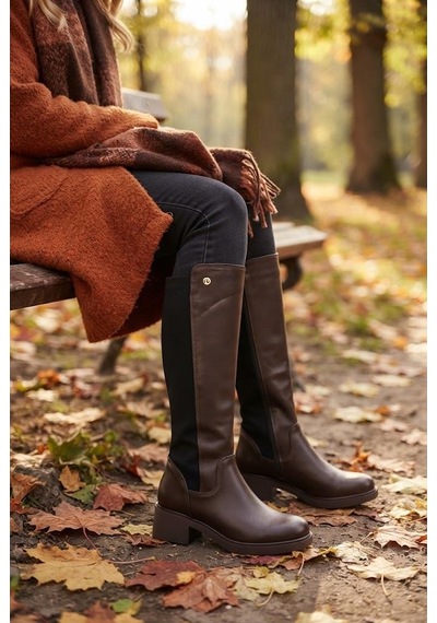 Pierre Cardin 56090 Arkası Strej 5 Cm Topuk Yüksekliği Kaymaz Taban Kadın Çizme Kahve
