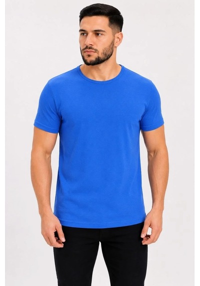 Tarz Yeri Erkek Basic Tişört Bisiklet Yaka Kısa Kol Günlük Yazlık Slim Fit T-shirt - Saks Mavisi