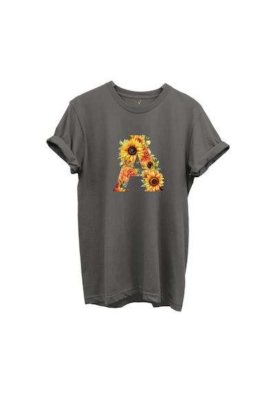 Ayçiçek Desenli A Harfi Baskılı %100 Pamuk Regular Fit Unisex T-shirt Gri