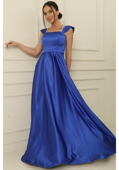 By Saygı Askılı Taş Detaylı Kare Yaka Astarlı Uzun Saten Elbise-35826 Saks
