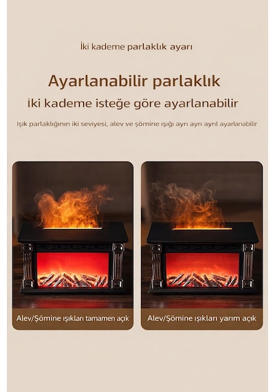 Exenar - Siyah - Şömine Alev Efektli Ultrasonik Hava Nemlendirici Uzaktan Kumanda Aromaterapi Buhar Makinesi 300ml