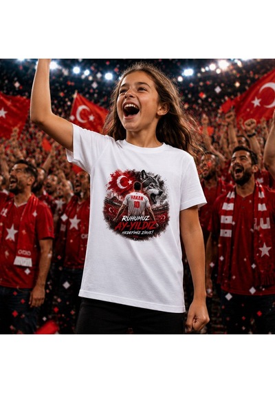 Bk Gift Kişiye Özel Türkiye Taraftar Temalı 2026 Dünya Kupası Tasarımlı Çocuk Tişört-4, Tek Yürek Milli Takım Ruhu Beyaz