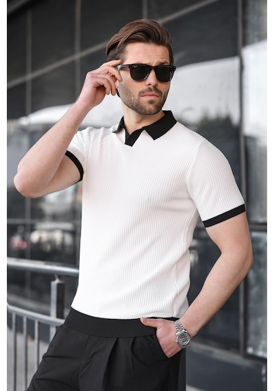 Madmext Beyaz Polo Yaka Triko Erkek Tişört E7464 Beyaz