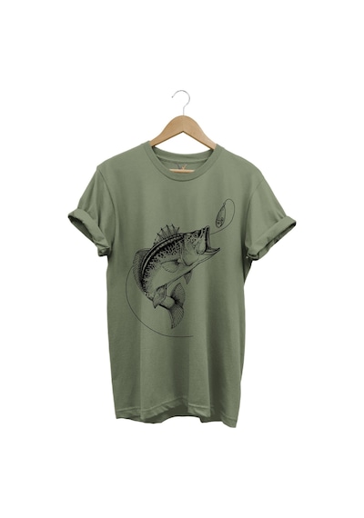 Fishing Balıkçılık Baskılı Yem Balıkçılığı Olta %100 Pamuk Bisiklet Yaka Haki T-shirt Haki