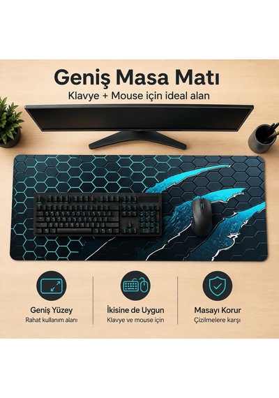 90x40 Cm Mouse Pad, Turkuaz Pençe Hexagon Desenli Büyük Mouse Pad, Kaymaz Kauçuk Tabanlı, Dikişli Kenarlı 3 Mm Klavye Ve Mouse Altlığı, Gaming Desk Mat