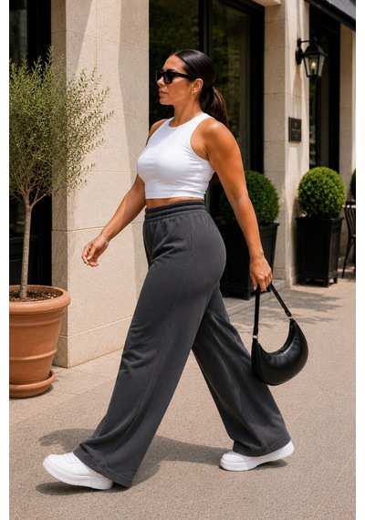 Cedy Denim Kadın Büyük Beden Yüksek Bel Palazzo Pantolon Yazlık İnce Kumaş Terletmez Likralı C633 Koyu Gri