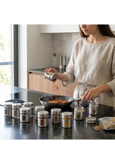 Deconox 12'li Metal Kaplı Cam Baharatlık Seti 60 Ml - Döner Başlıklı Paslanmaz Çelik Baharat Takımı Diğer