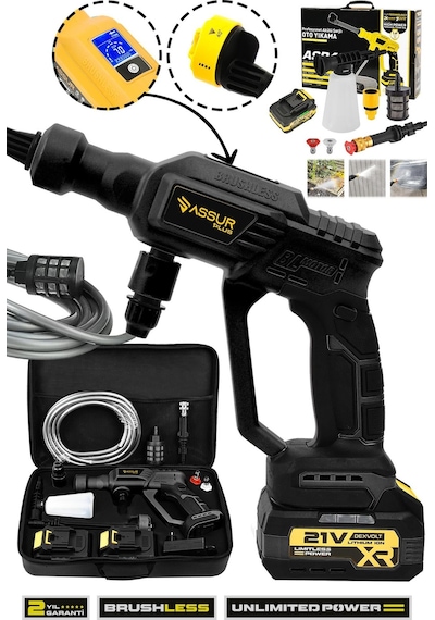 Assur Plus 21V Kömürsüz Motor Yüksek Basınçlı Akülü Oto Araba Yıkama Makinesi Şarjlı - 2856