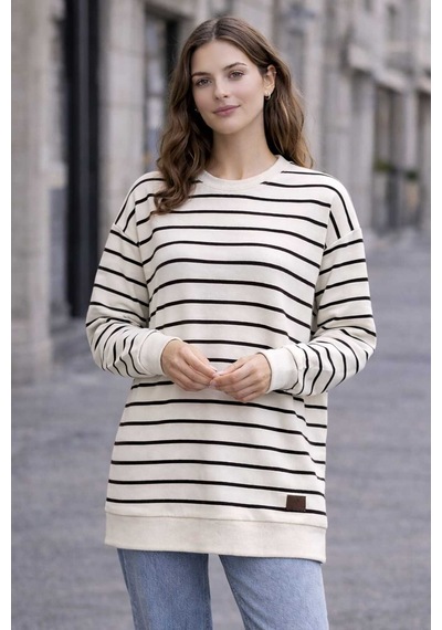 Tenra Oversize Geniş Kalıp Kadın Sweatshirt Bisiklet Yaka Basic Çizgili Siyah