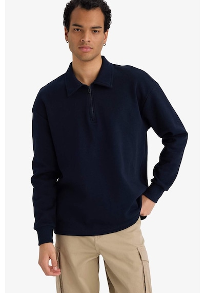 Defacto Boxy Fit Polo Yaka Yarım Fermuarlı Pike Sweatshirt G6471ax25wnnv253 Lacivert-nv253
