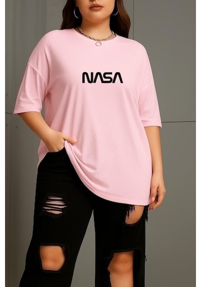 Büyük Beden Nasa Baskılı Unisex Tişört Pembe