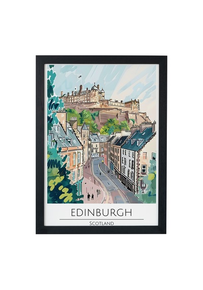 Edinburgh Scotland Travel Poster Ahşap Çerçeveli Dekoratif Duvar Tablosu Siyah