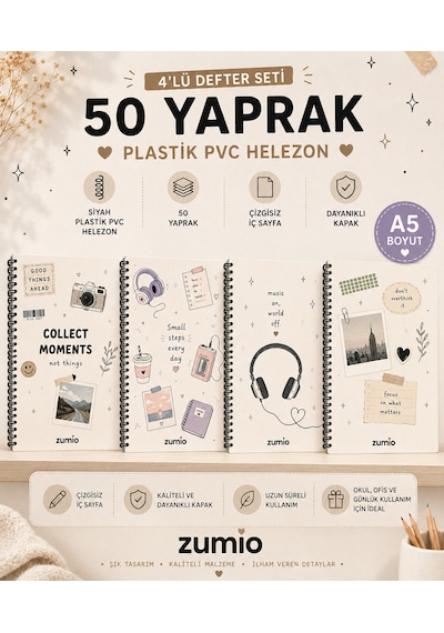 Zumio 4'lü A5 Çizgisiz Defter Seti 50 Yaprak Anı Ve Müzik Temalı Düz
