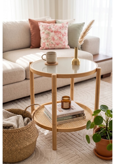 Robin Home Bambu Temperli Camlı Rattan Raflı Yuvarlak Yan Sehpa 45 45cm Bej