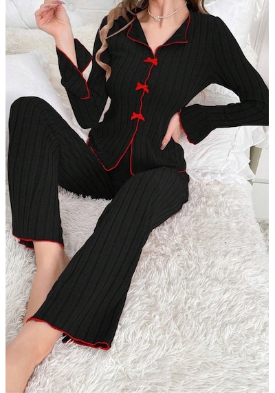 Bella Notte Pamuklu Kırmızı Fiyonk Detaylı Mevsimlik Pijama Takımı Siyah