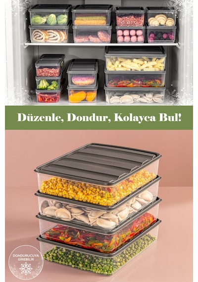 Vienev 4'lü 3,5 Litre Buzdolabı Düzenleyici Organizer Mikrodalgaya Uygun Difriz Saklama Kabı Gri Gri